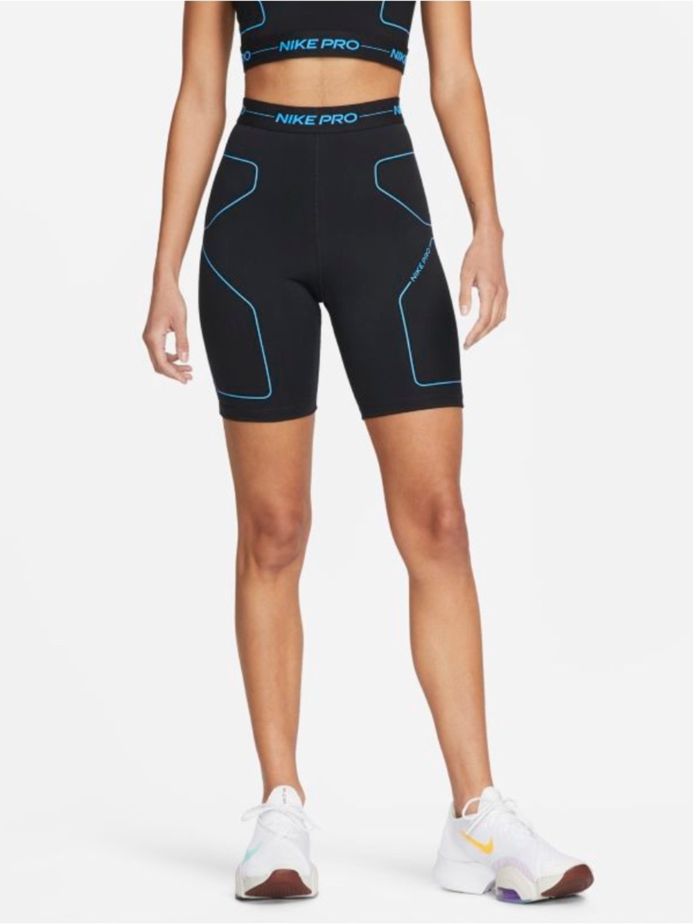Nike Pro Women's 7" High-Rise Training Shorts DM7585-010 Black Blue Size M